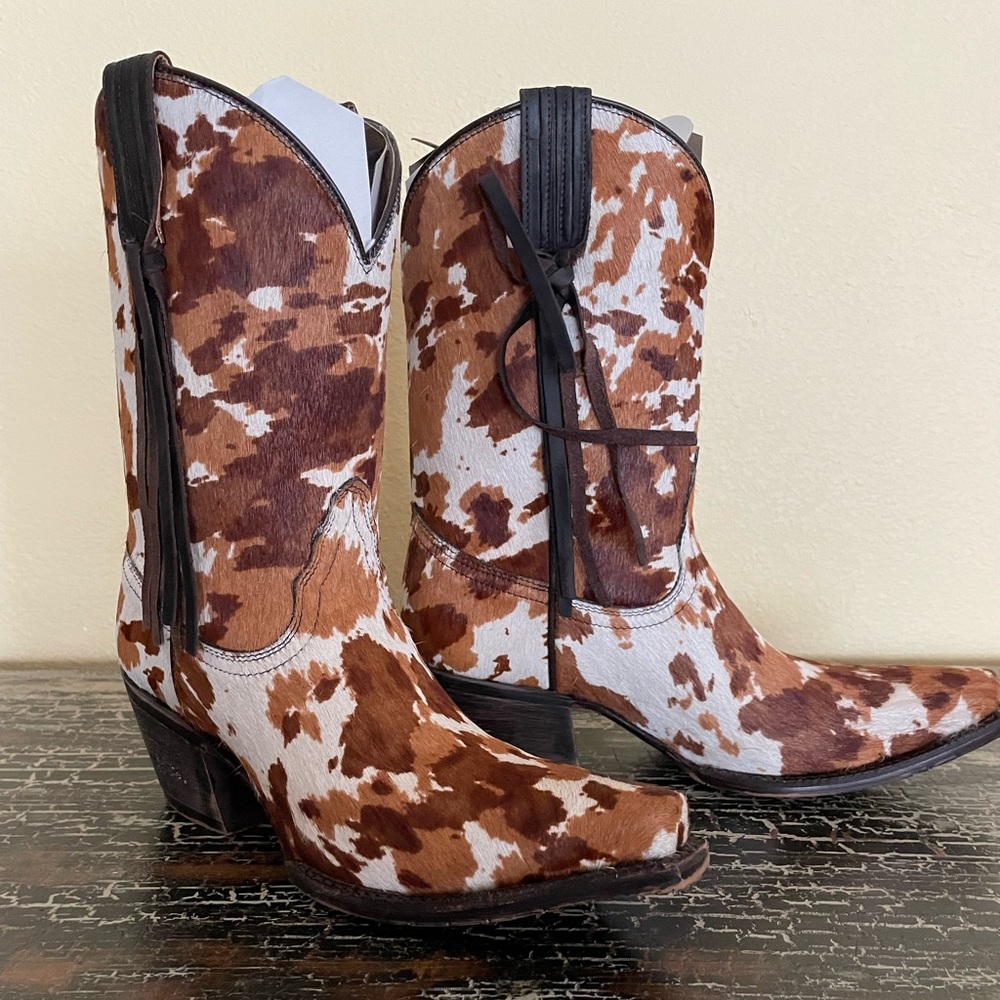 TONY LAMA White Brown Rust Cow Pony Print Calf Hair Western Cowgirl Leather Boot - Picture 3 of 16